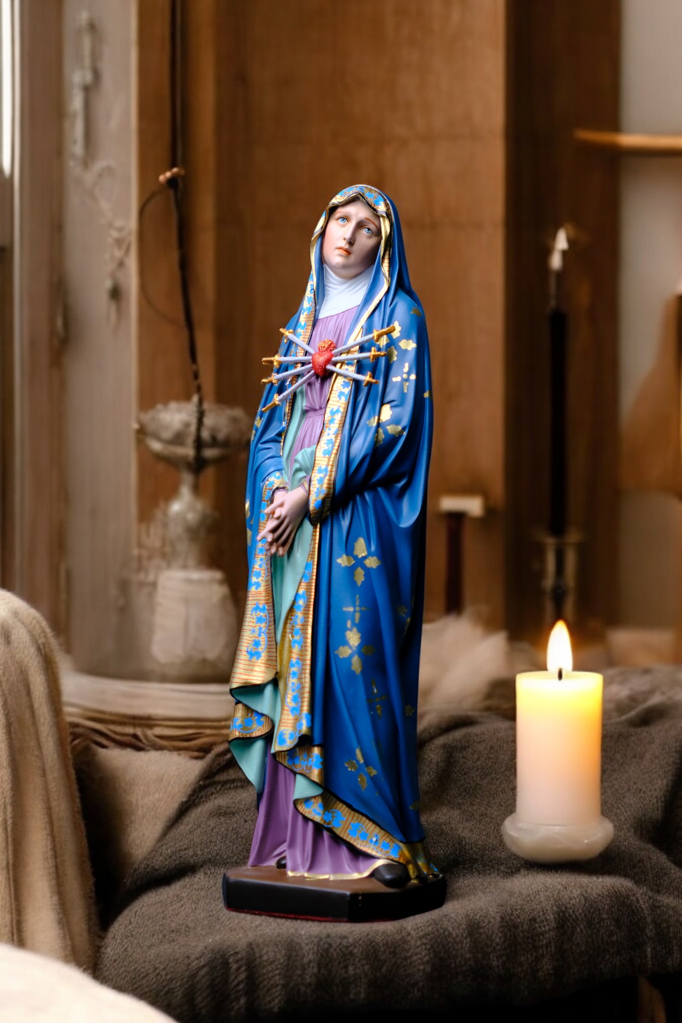 Tượng Đức Mẹ Sầu Bi Hoa Văn – Tượng Công Giáo Thủ Công Cao 30cm Trang Trí Góc Cầu Nguyện